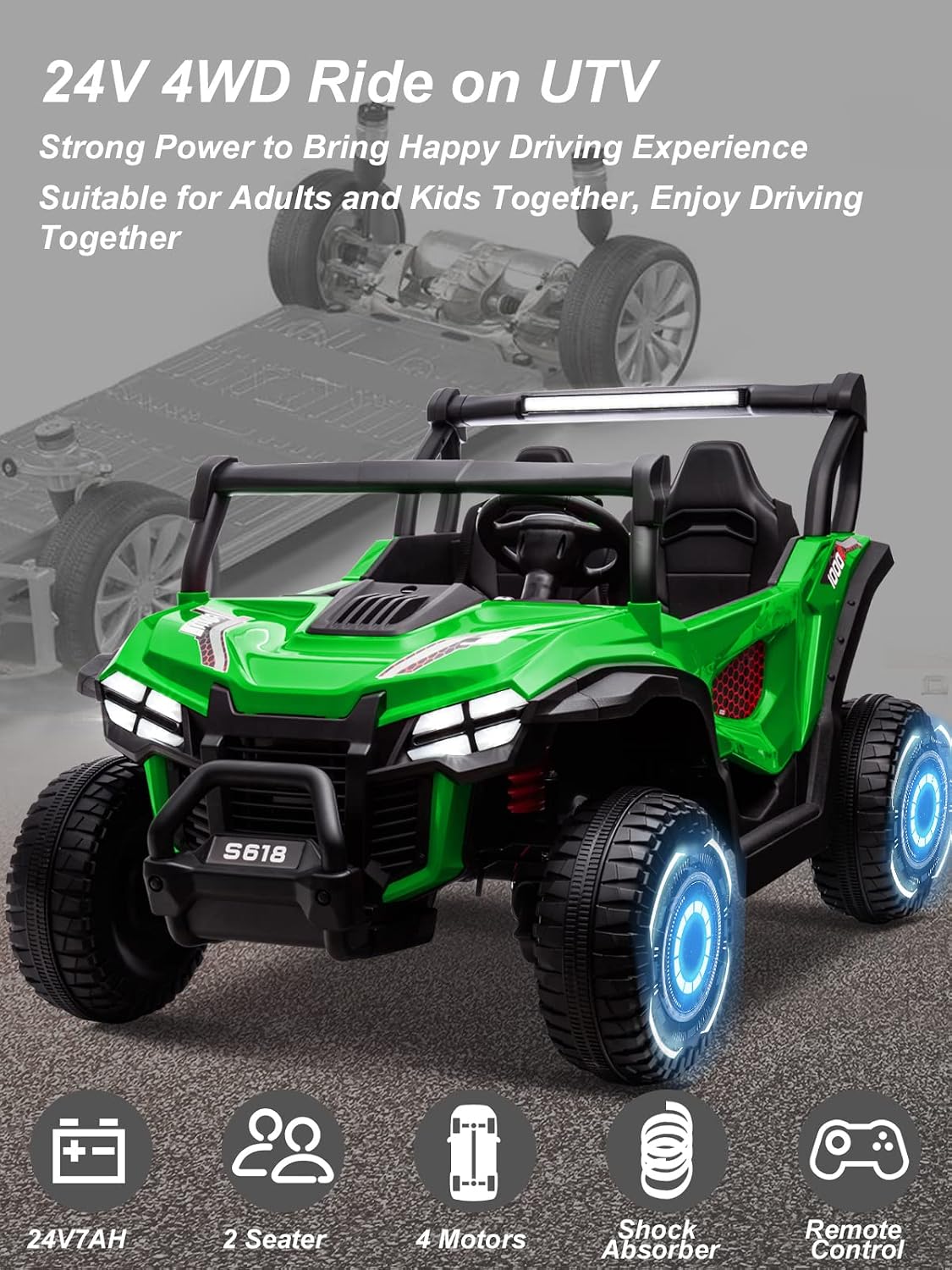 OTTARO 24V XXXL Ride on Cars 2 Seater, Electric Cars Vehicles for Big Kids, 4WD Ride on UTV Truck w/Remote Control, 25' Spacious Seat, 2 Safety Belts, Bright Light, Music Player,Bluetooth（Green）
