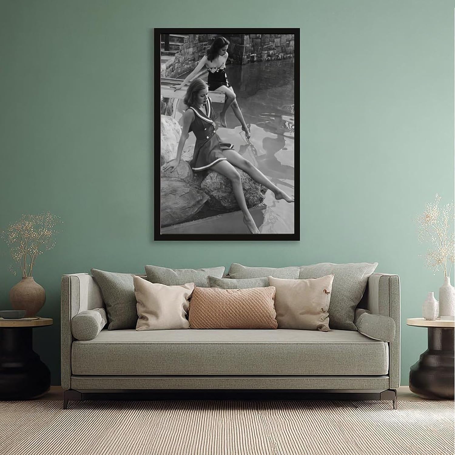 UXCBIA Young Woman, Paris, France, 1950s, Retro Women's Fashion Swimsuit, Black And White Poster Canvas Poster Bedroom Decor Sports Landscape Office Room Decor Gift Black Frame 24x36in(60x90cm)