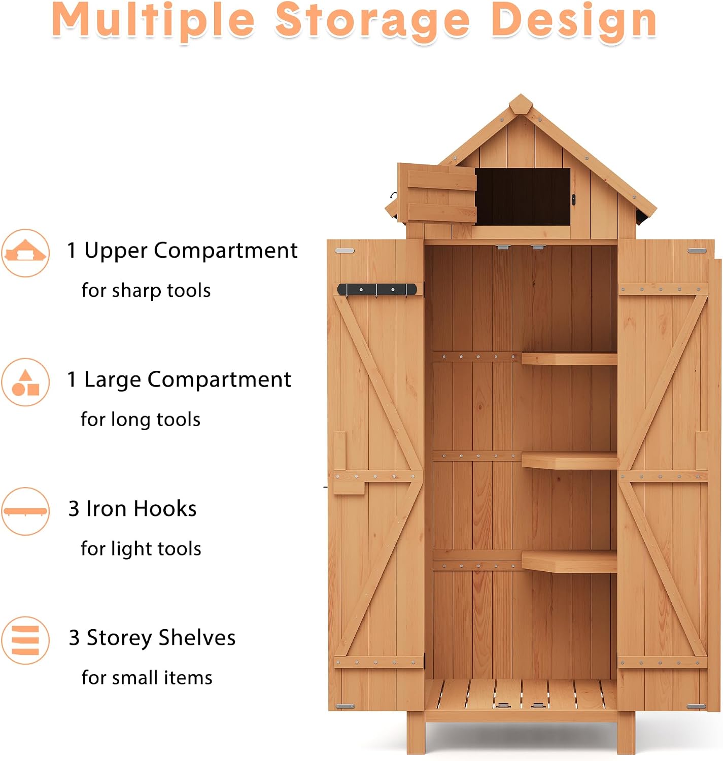 70in Tall Outdoor Storage Shed, Waterproof Wooden Garden Tool Shed with 4 Shelves and Lockable Doors, Vertical Outdoor Storage Cabinet for Patio Yard Lawn