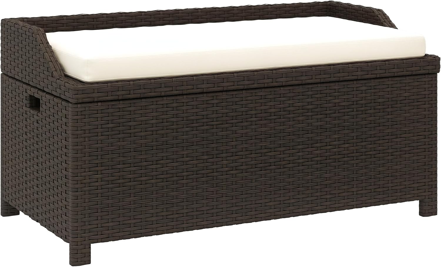 Outsunny 38 Gallon Outdoor Wicker Storage Bench Deck Box, PE Rattan Patio Furniture Pool Storage Bin Container with Interior Waterproof Cloth Bag and Comfortable Cushion, White