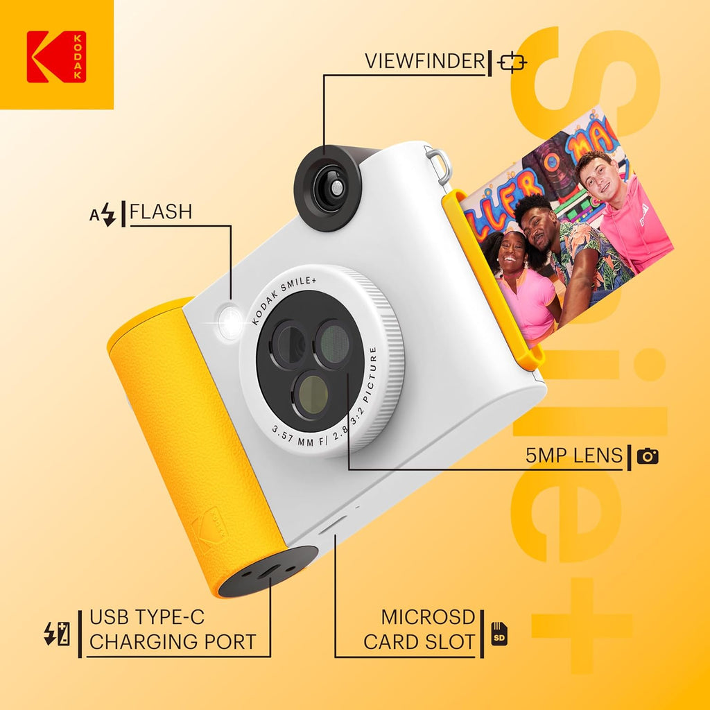 Kodak Smile+ 2-in-1 Digital Instant Print Camera & Photo Printer Gift Bundle + Case + Zink 2x3 Sticky Back Photo Paper 20pk + Album + Sticker Frames + Hanging Frames + Sticker Sets + Markers - White