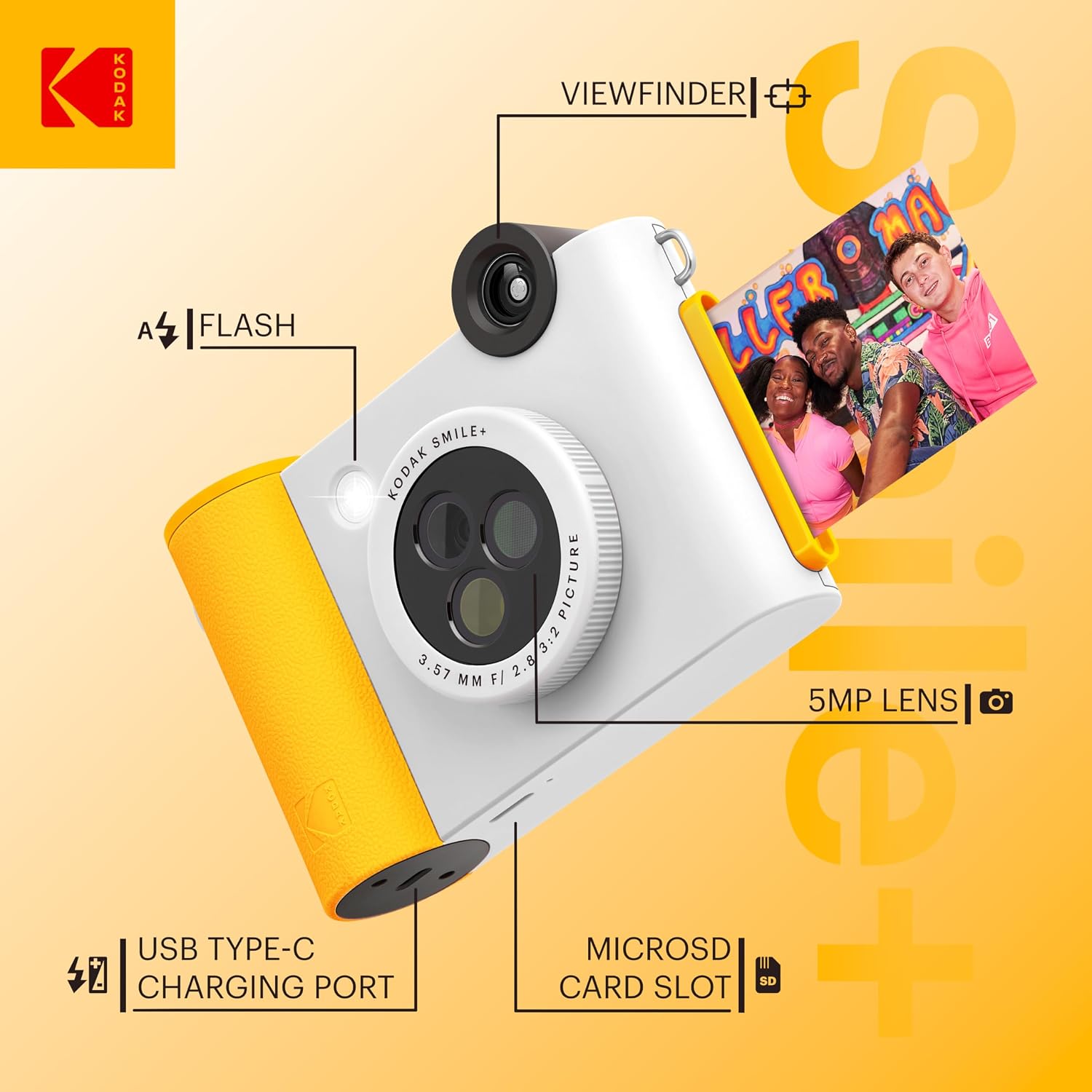 Kodak Smile+ 2-in-1 Digital Instant Print Camera & Photo Printer Gift Bundle + Case + Zink 2x3 Sticky Back Photo Paper 20pk + Album + Sticker Frames + Hanging Frames + Sticker Sets + Markers - White