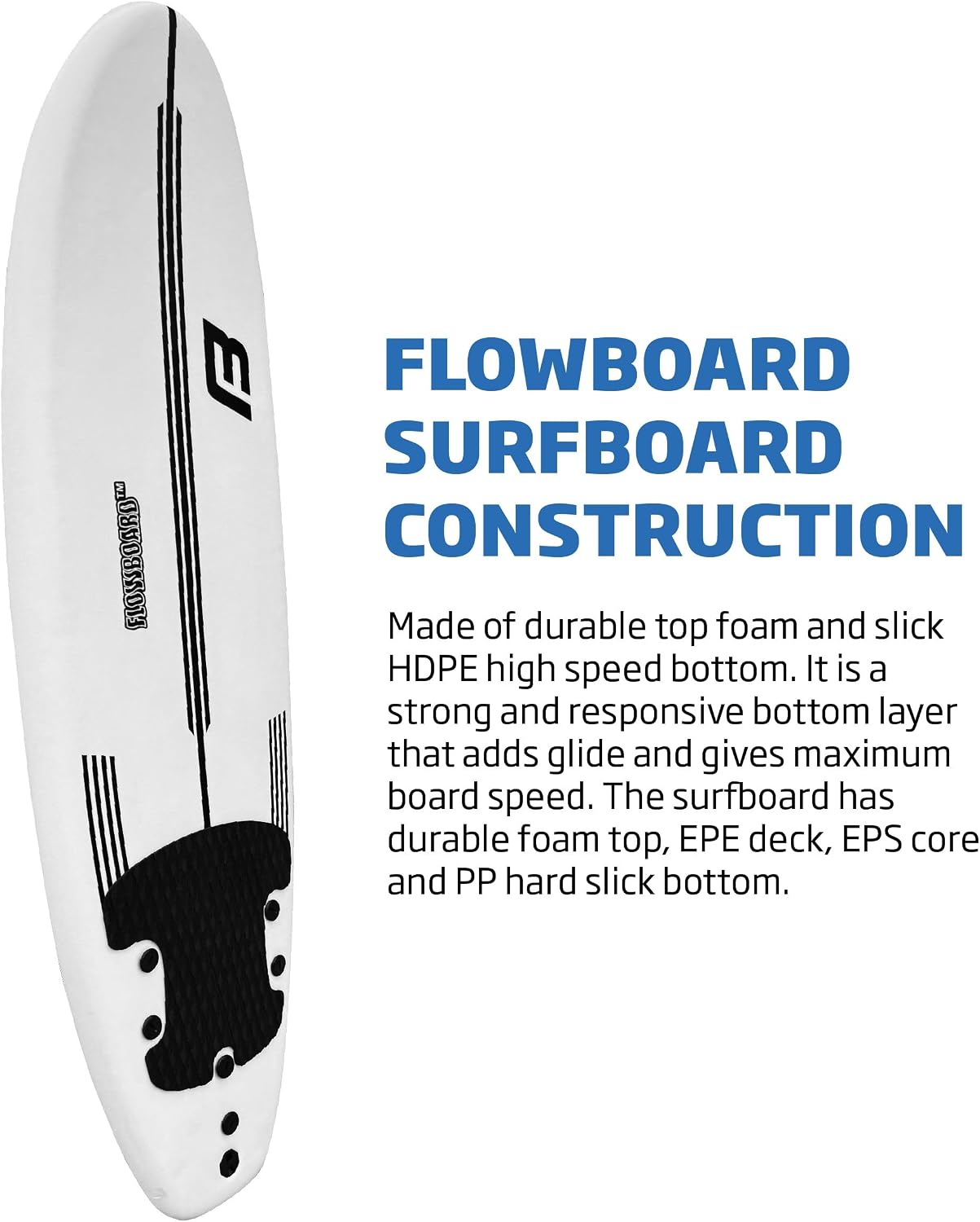 FLOWBOARD Surfboard Softboard Foam - Include (3) Fins 6' Foot Leash and (2) Wood Stringers Inside Board Availalable in 6' and 7' Short Board and 8' Longboard