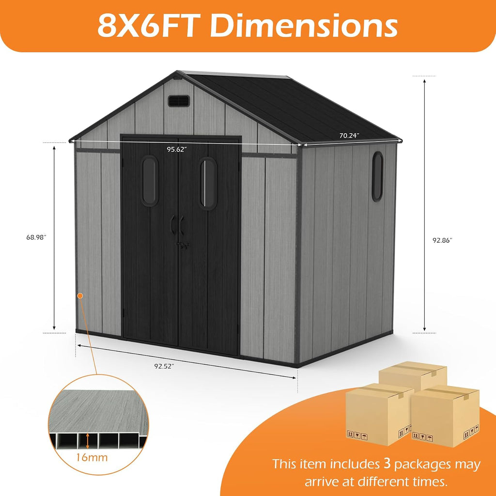 Domi 8x6Ft Resin Outdoor Storage Shed with Floor, Plastic Garden Storage Shed, Outside Weatherproof Storage Building for Tools, Bike, Lawn Mower, Patio, Backyard