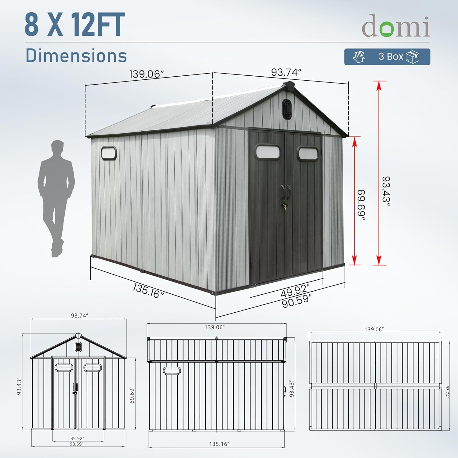 Domi 8X12FT Resin Outdoor Storage Shed, Plastic Garden Shed with Carpet, All Weather Outside Storage Building for Lawn Mower, Tools, Bike, Backyard