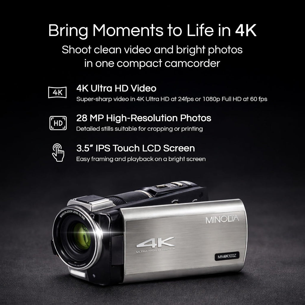 Minolta 4K Ultra HD Camcorder with 3.5-inch Touchscreen – 10x Optical Zoom, 28MP Photos, Digital Stabilizer, Accessory Shoe Mount, Time Lapse, Face Detection, 32GB Card, Remote Control (Gunmetal)