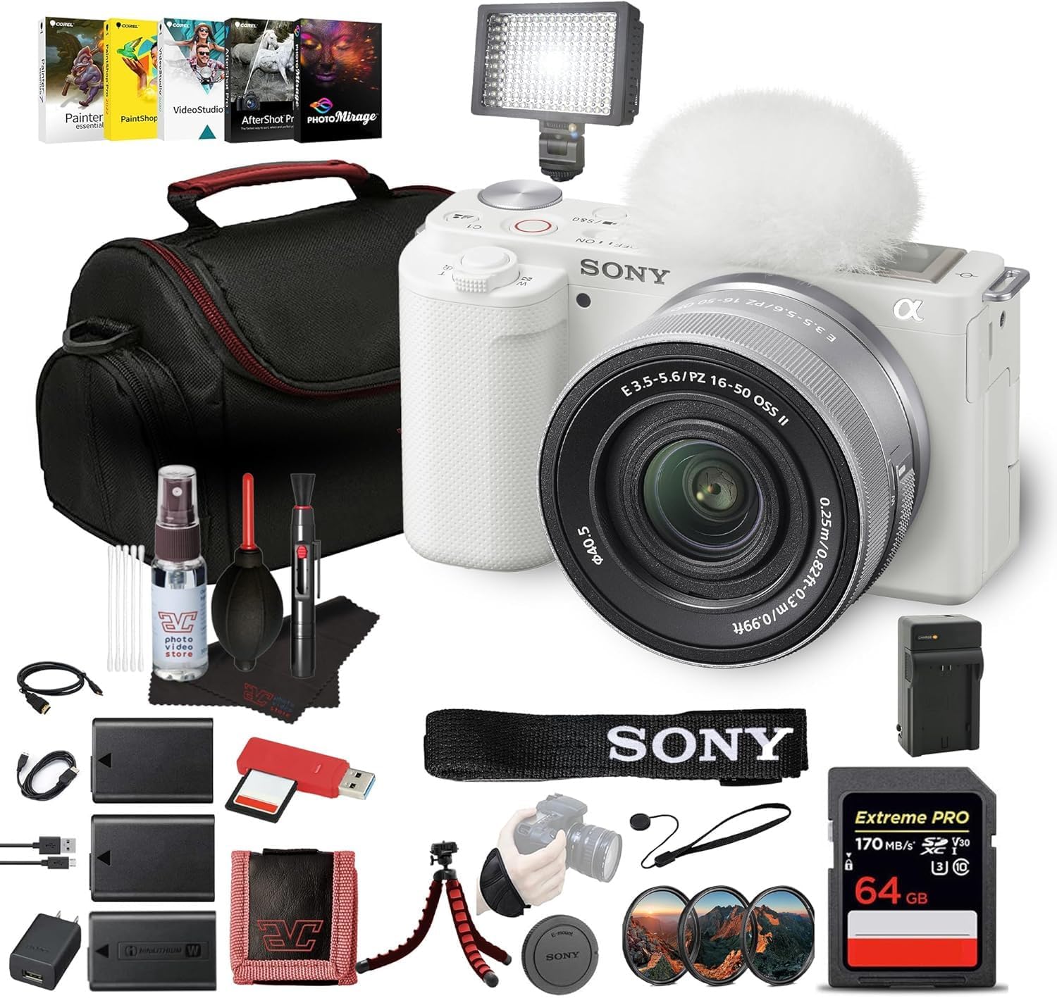 Sony ZV-E10 Mirrorless Camera Kit with 16-50mm II Power Zoom Lens (White) | APS-C Sensor | Compact Creator Tool + 64GB Card + Filter Kit + Photo Software + Bag + 2 x NPF-W50 Battery + More