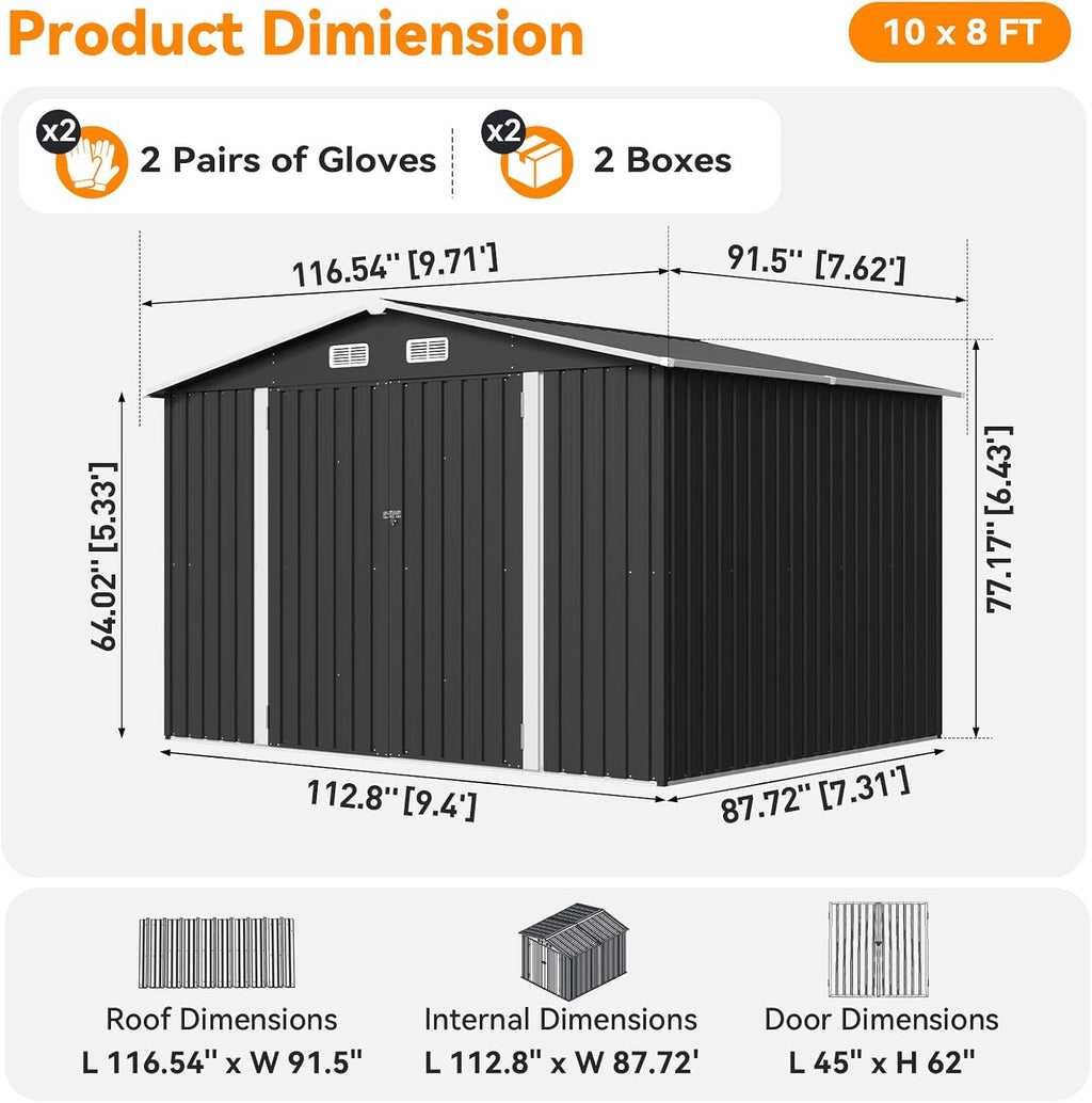 10x8FT Outdoor Storage Shed, Metal Garden Shed with Lockable Double Doors & Sloping Roof, Weather-Resistant Tool Shed for Backyard, Patio, Poolside Black