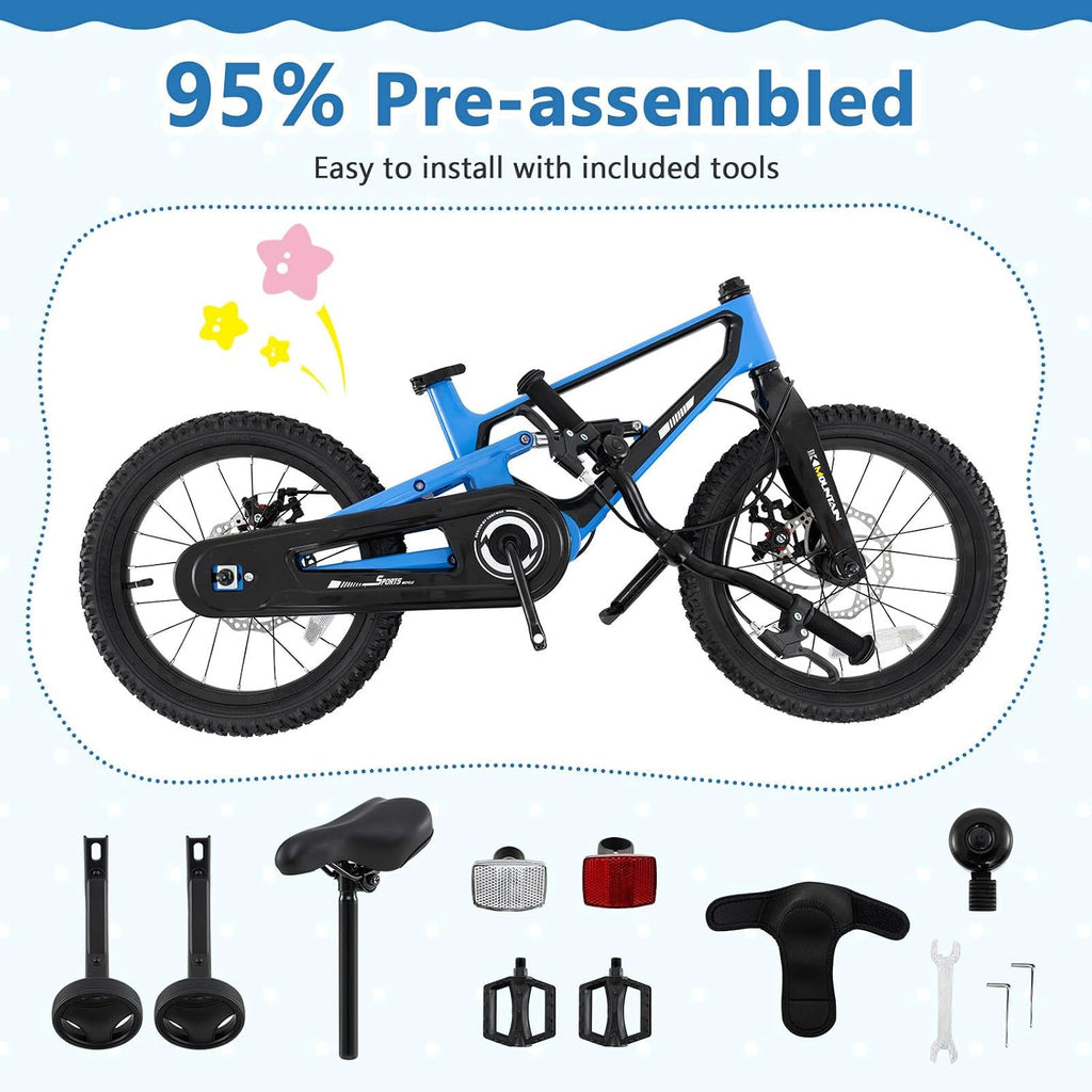 BABY JOY Kids Bike, 16' Magnesium Sporty Bicycle with Dual Disc Brakes, Removable Training Wheels, Body Suspension, Adjustable Handlebar & Saddle, Girls Boys Bike