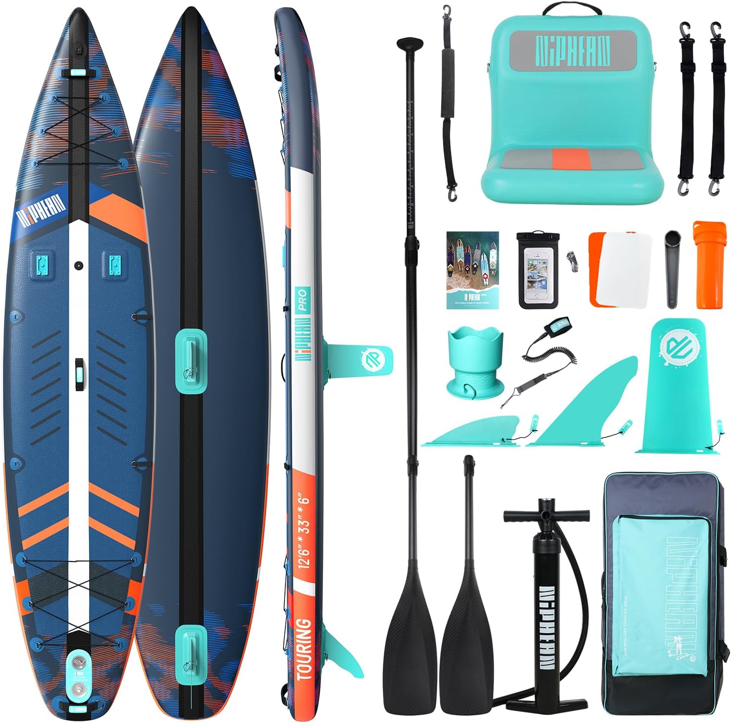 Niphean PRO (Extra Large) Inflatable Paddle Board with Seat, 11'6'/12'6' Stand Up Paddle Board with Pressure Gauge, StabilTrac Fin, Upgraded All-Round/Touring SUP for Adult Adventures, 2+1 Person
