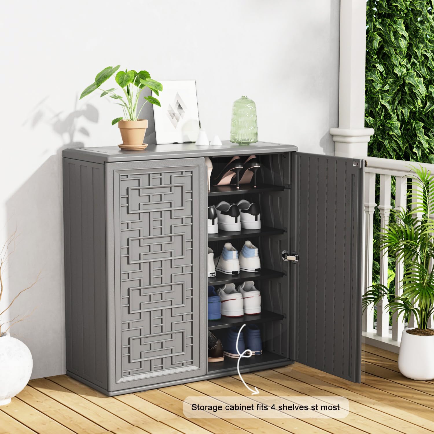 KINYING Outdoor Storage Cabinet Waterproof, Resin 62 Gallon Deck Box for Patio Furniture Cushions, Garden Tools, Pool Tools and Kids' Toys (Grey with 1 Shelving)