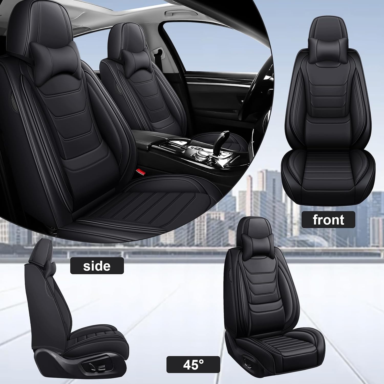 DHAEY Car Seat Covers for Kia NIRO 2017-2025, Family Seat Covers, Nappa Leather, Wear-Resistant, Anti-Slip, Waterproof, 2PCS Front with Pillows, Black