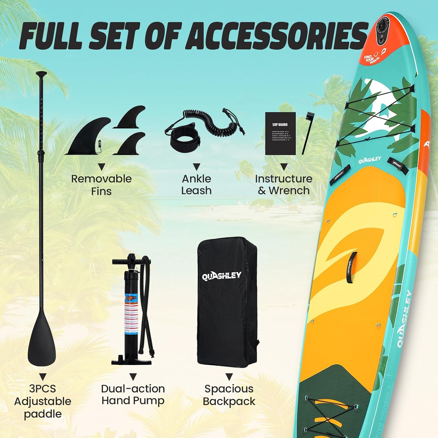 Quashley Inflatable Paddle Board Extra Wide Stand Up Paddleboards 11'×34' with All Premium Paddle Board Accessories,Inflatable SUP for Adults/Family,Beginner-Friendly,Removable Fin,Hand Pump