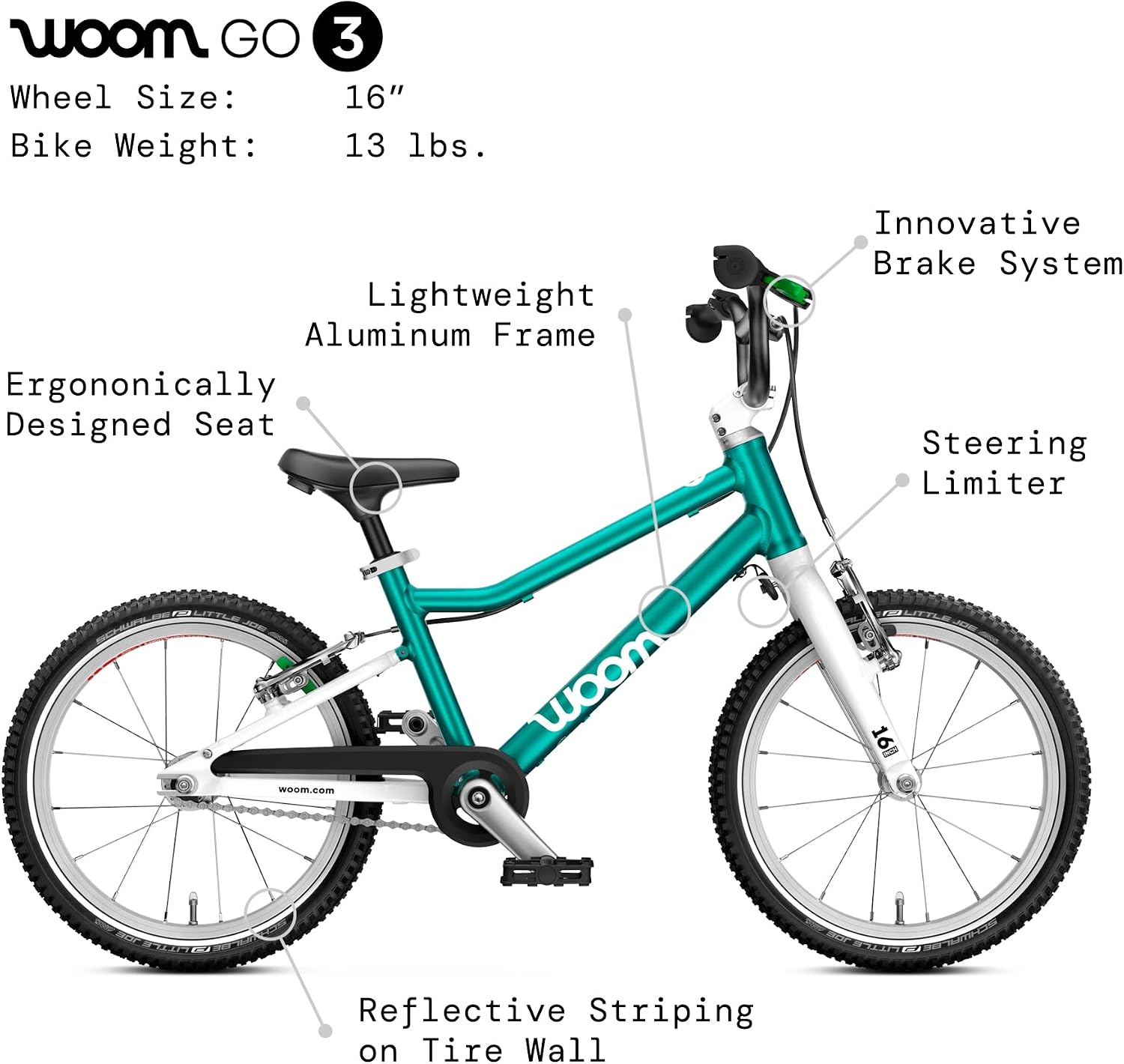 woom GO 3 / GO 3 AUTOMAGIC Kids' Bike, 16-Inch Lightweight Bicycle for Ages 4–6, Handbrakes, Steering Limiter, Chainguard, Boys & Girls