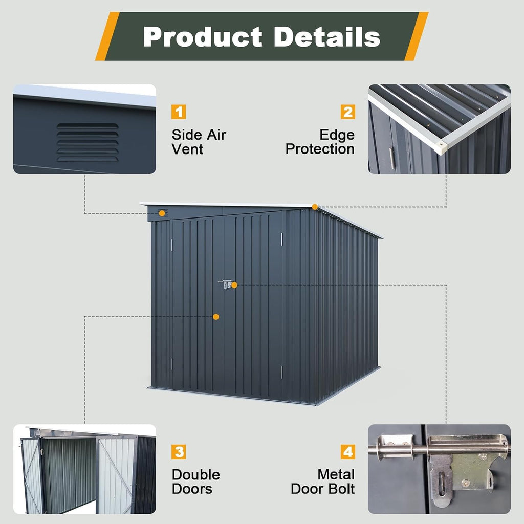 6x8 FT Metal Storage Shed with Skylight, Metal Lean to Garden Shed with Lockable Double Doors for Garden Tools, Lawn Mower, Motorcycle, Outside Storage Shed Waterproof for Backyard, Patio