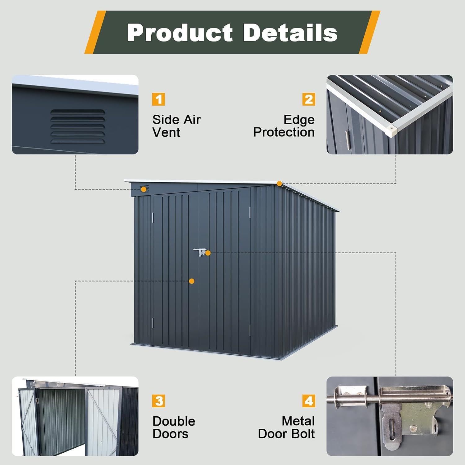 6x8 FT Metal Storage Shed with Skylight, Metal Lean to Garden Shed with Lockable Double Doors for Garden Tools, Lawn Mower, Motorcycle, Outside Storage Shed Waterproof for Backyard, Patio