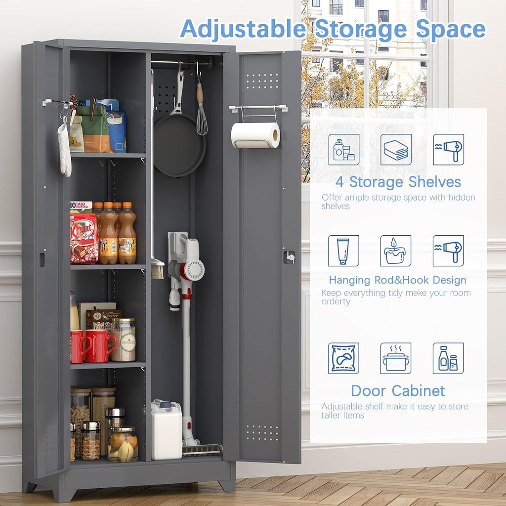 IRONFFICE Tall Storage Cabinet with Doors,Metal Garage Cabinet and Storage,Lockable Utility Closet Cabinets with Pegboard for Basement,Laundry Room,Grey