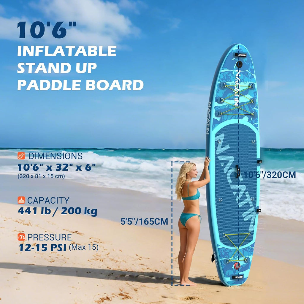 NACATIN Inflatable Stand Up Paddle Board,10'6'Upgrade Version Blow Up Paddle Boards for Adults with Premium SUP Accessories& Backpack,Adjustable Paddle,Camera Mount,Hand Pump, for Lake, River, Yoga