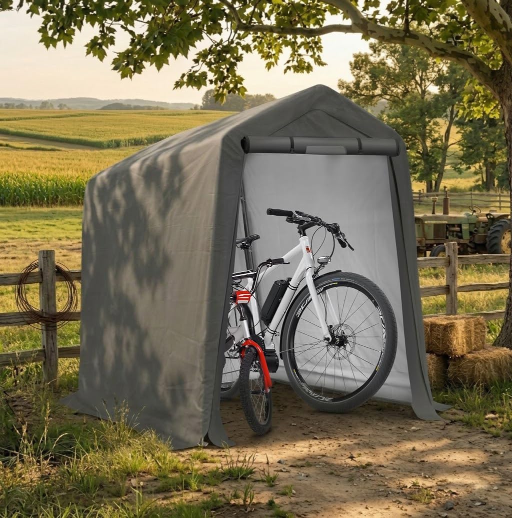 COVERONICS 6' x 7' Outdoor Storage Shed - Heavy Duty Portable Shelter Carport with Ventilation Windows and Roll-up Doors, Storage Shelter Tent for Motorcycle, Bike, Lawnmower and Garden Tools, Grey