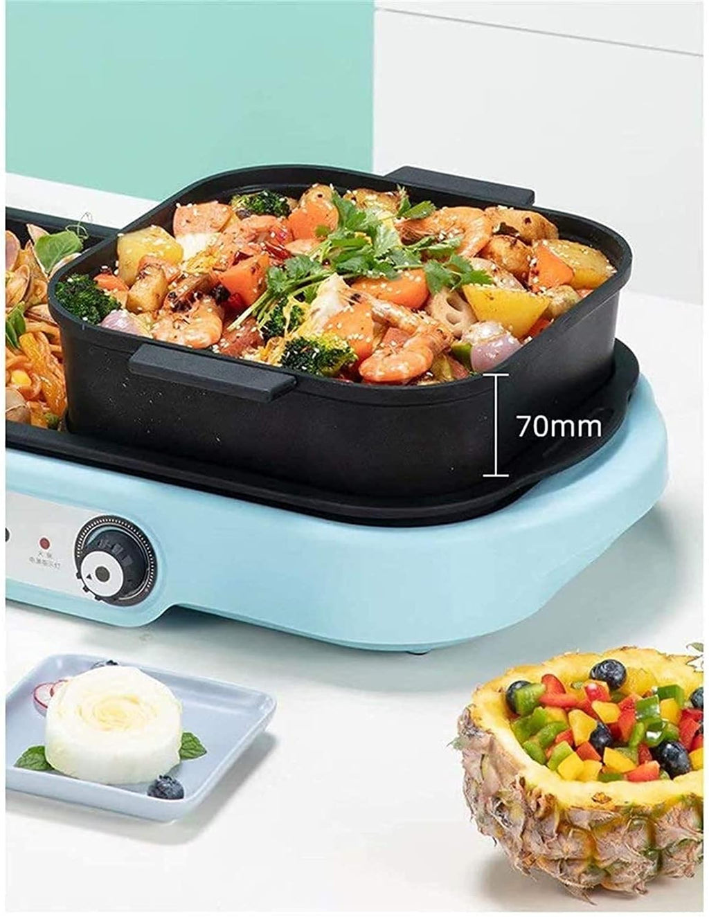 Indoor Korean Barbecue Grill BBQ Hotpot Electric Hot Pot Grill Indoor 1600W 2 in 1 Smokeless Grill and Hot Pot Korean BBQ Grill and Indoor Barbecue Grill,Blue,65 * 15Cm,Portable Nonstick Griddle