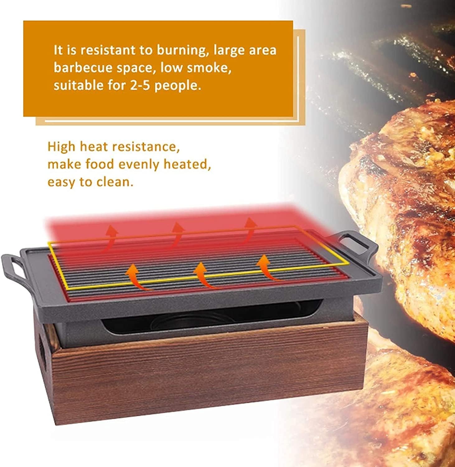 Portable BBQ Grill, Japanese-Korean Household Wooden Alcohol Stove BBQ Grill with Wooden Base for Indoor Dining Table, Camping, Outdoor Garden BBQ,35cm