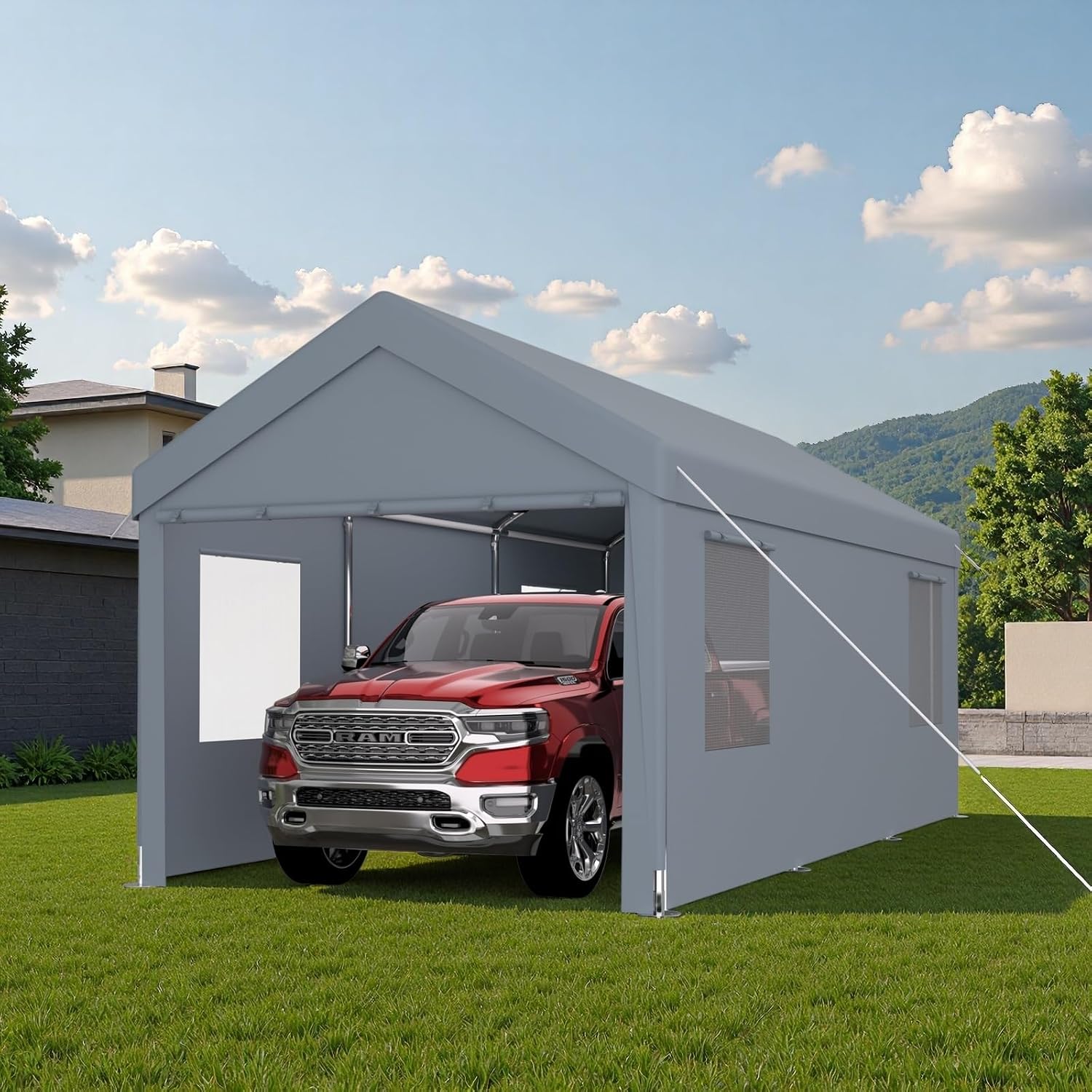 10x20FT Canopy, Outdoor Portable Garage with 2 Roll-Up Doors & 4 Ventilated Windows, Patio Camping Heavy Duty Car Port Canopy with PE Cover, Ground Pegs & Steel Cables, Easy Assembly, Grey