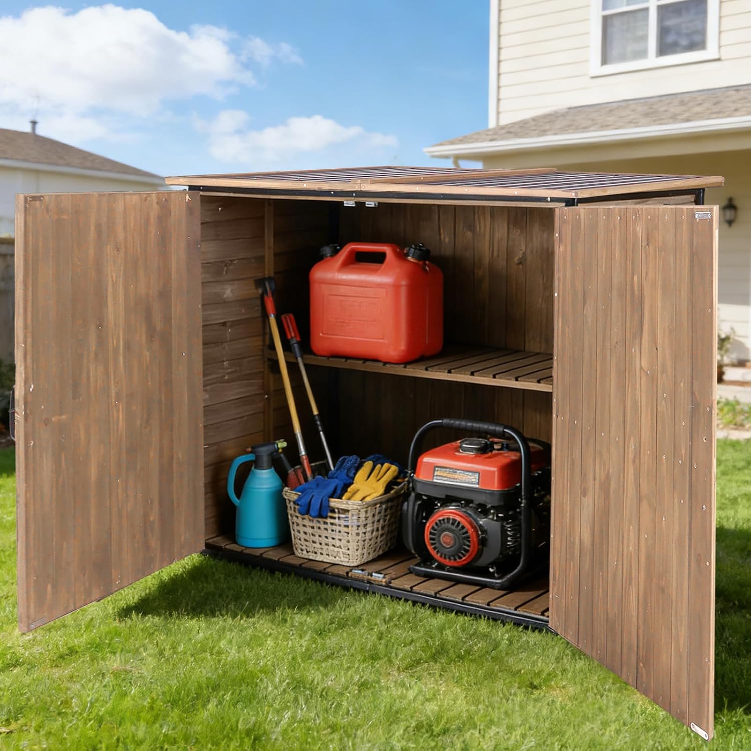 Outdoor Storage Shed with Strong Metal Frame, Wooden Garden Sheds with Adjustable Shelves and Removable Floor, Weatherproof Outdoor Trash Can Shed, Horizontal Storage Cabinet for Patio
