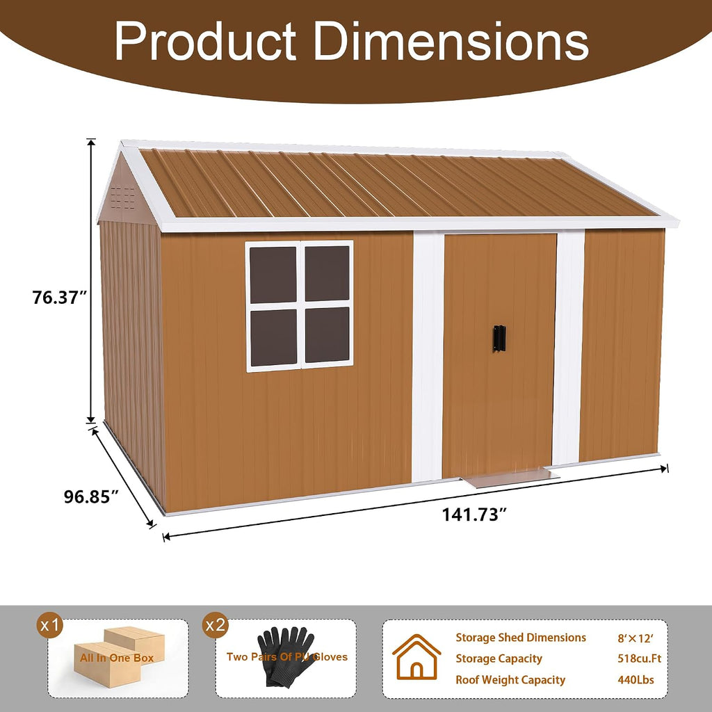 12x8 FT Heavy-Duty Metal Tool Shed with Windows, Lockable Door & Ventilation, Weatherproof Outdoor Garden Storage Shed for Backyard, Lawn, and Tool Organization, Brown