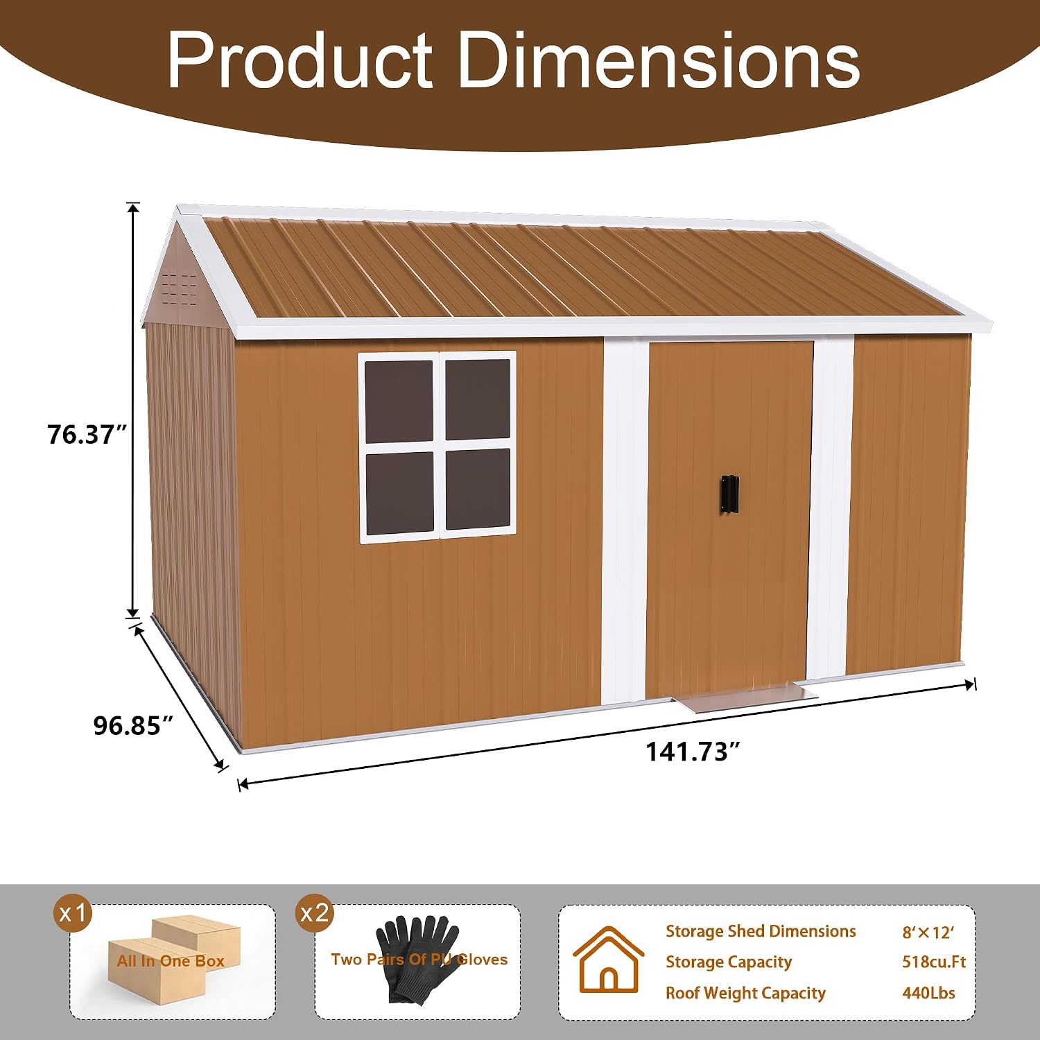 12x8 FT Heavy-Duty Metal Tool Shed with Windows, Lockable Door & Ventilation, Weatherproof Outdoor Garden Storage Shed for Backyard, Lawn, and Tool Organization, Brown