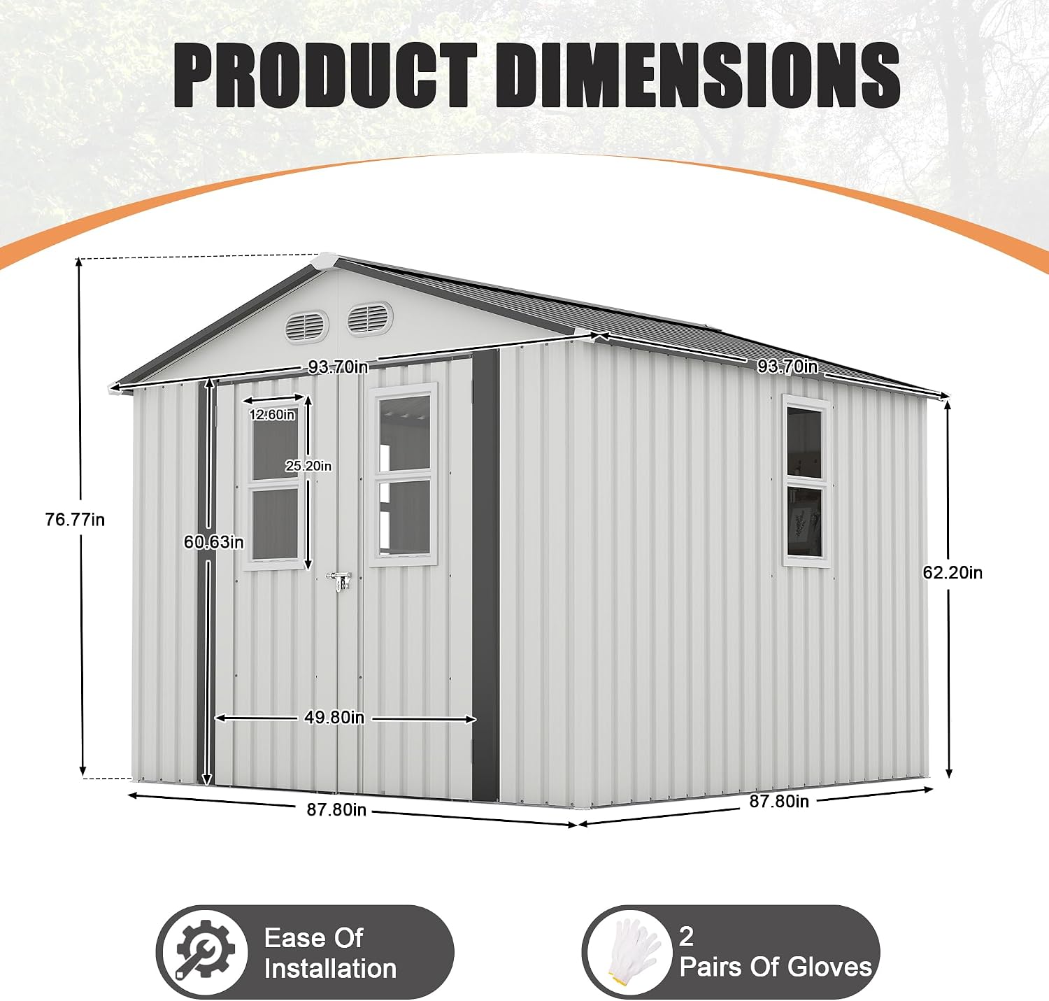 KEIKI 8x8 Outdoor Metal Storage Shed, Heavy-Duty Color Steel Construction with Protective Film, 4 Windows & Lockable Double Doors, Backyard Garden Utility Shed, White