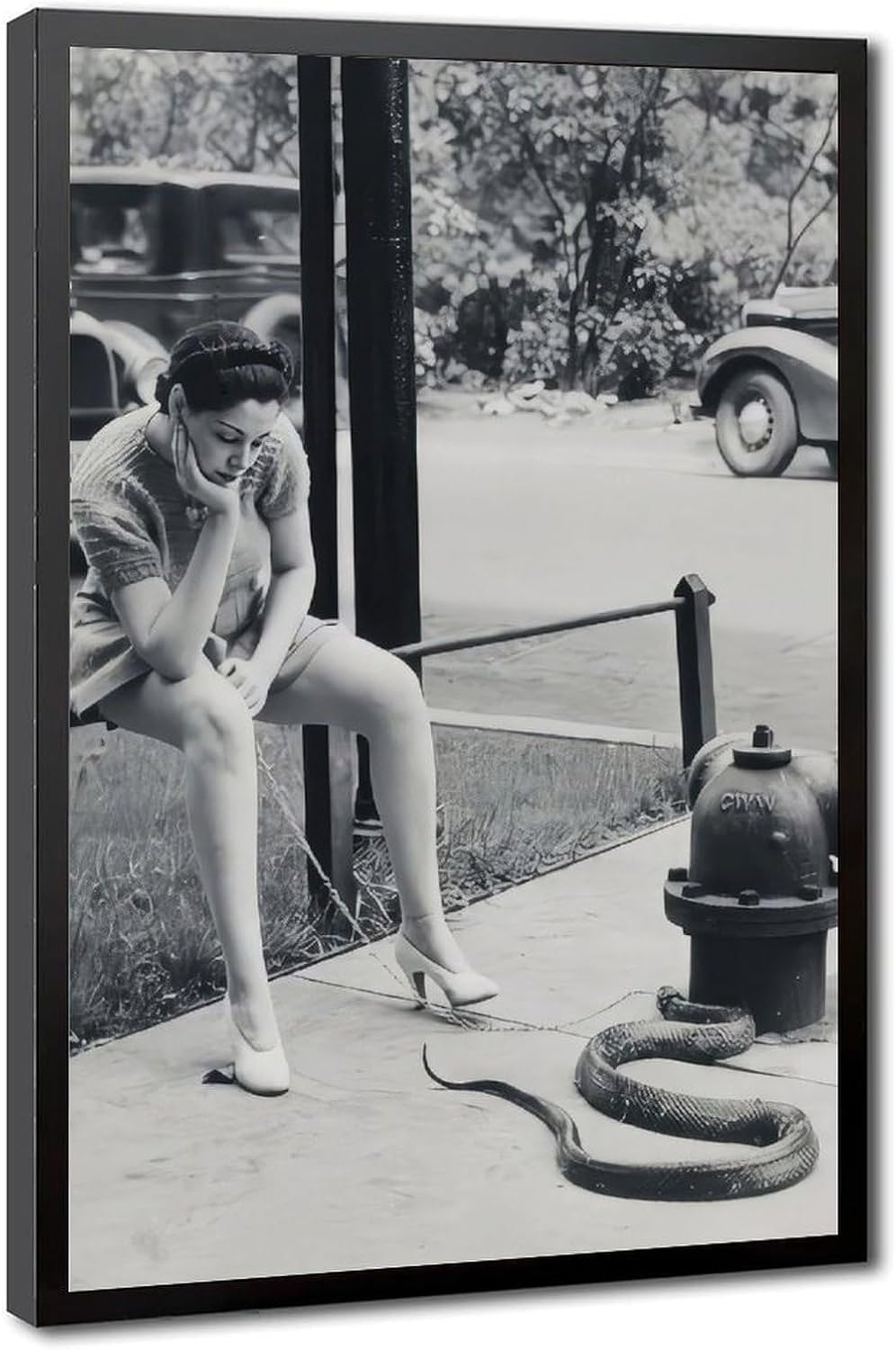 Woman Walking Pet Snake, Black And White Art, Vintage Snake on Leash, Oddities, Funny Poster Canvas Poster Wall Art Decor Print Picture Paintings for Living Room Bedroom Decoration Black Frame 24x36in