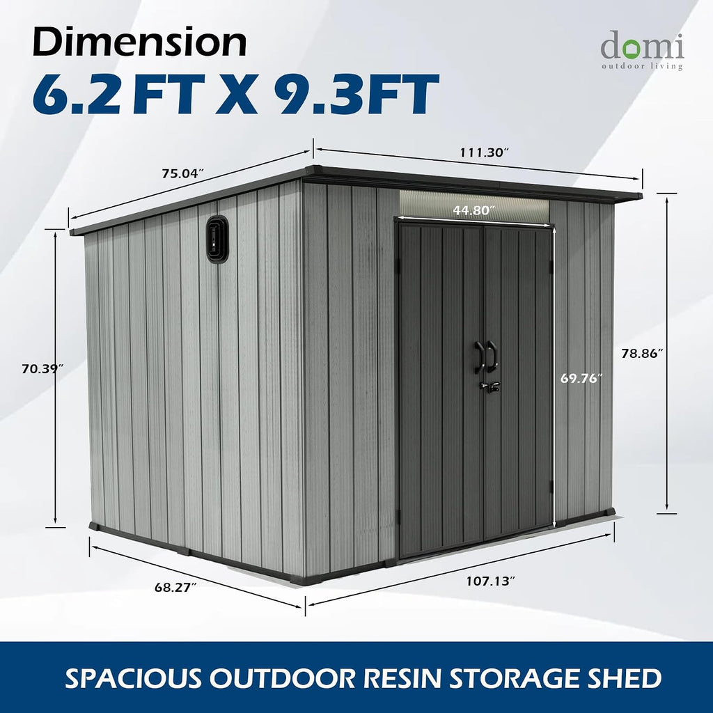 Domi 6x9FT Lean to Resin Shed, Plastic Outdoor Storage Shed with Carpet, Outside Storage Building for Garden Tools, Bike, Lawn Mower, Yard