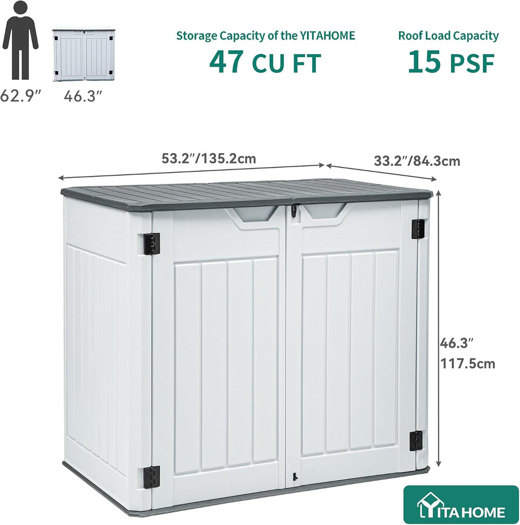 YITAHOME Extra Large Outdoor Horizontal Storage Shed, 4.5x4ft Resin Tool Sheds w/o Shelf, Easy to Assemble Waterproof Storage for Trash Cans, Garden Tools, Lawn Mower, Lockable, Light Gray