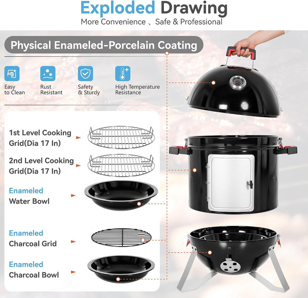 GREEN PARTY 18' Vertical Charcoal Smoker Grill Bullet Water Smoker Barbeque Grill, Outdoor BBQ Smokers Portable Meat Smoker Grill for Deck Patio Backyard Balcony Parties