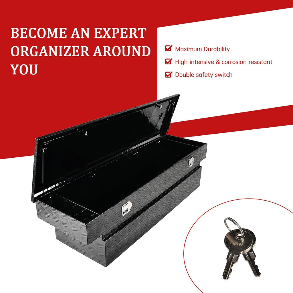 70''Inch Aluminum Truck Tool Box Truck Bed Toolbox Truck Trailer Chest Box Trailer Underbody Storage Organizer Waterproof Square Storage Organizer w/Lock & Keys Black(‎69.88' Lx20 Wx17.5 H)