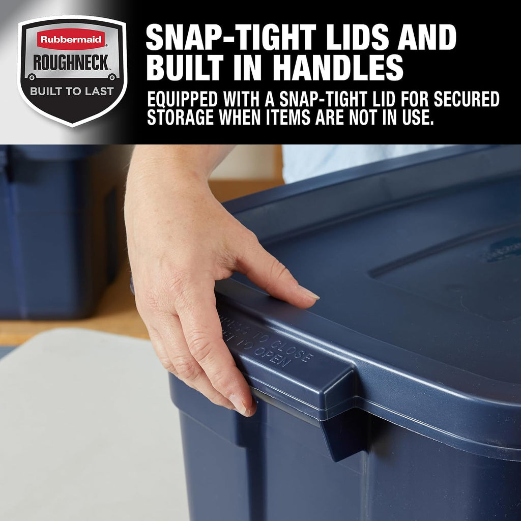 Rubbermaid Roughneck Tote 14 Gal, 6 Pack, Made in USA, Dark Indigo Metallic, Rugged Plastic Stackable Storage Bins with Lids and Handles