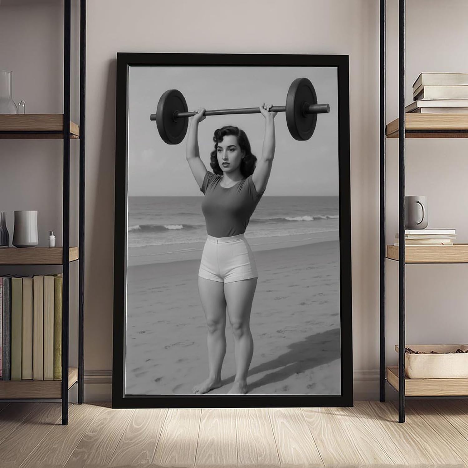 Vintage Woman Weightlifting, Woman Bodybuilder , Black And White , Beach Fitness Art Poster Canvas Poster Wall Art Decor Print Picture Paintings for Living Room Bedroom Decoration Black Frame 24x36in(