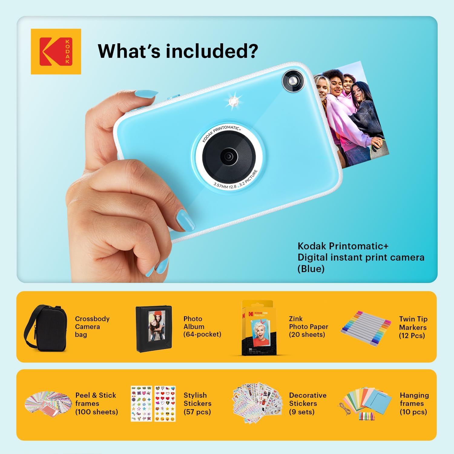 Kodak Printomatic+ Full Color Instant Print Digital Camera Gift Bundle + Case + Zink 2x3 Sticky Back Photo Paper 20pk + Album + Sticker Sets + Sticker Frames + Hanging Frames + Markers - Blue