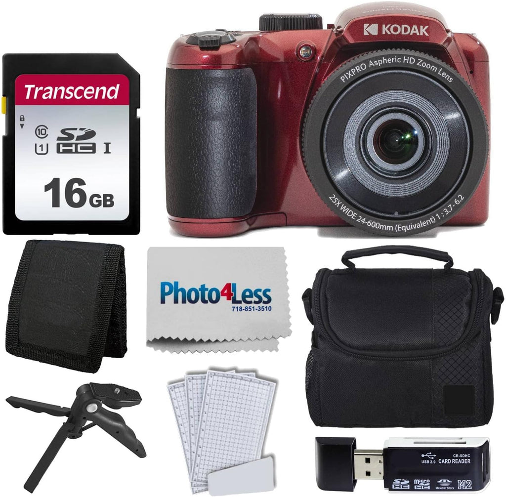 Kodak PIXPRO AZ255 Astro Zoom 16MP Digital Camera (Red) Bundle, Point & Shoot Camera Case, 16GB Memory Card, USB Card Reader, Table Tripod, Accessories