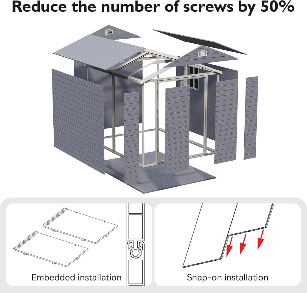 Aoxun 6×8 FT Outdoor Storage Shed, Resin Shed with Reinforced Floor, All-Weather Plastic Tool Storage with Lockable Door, Window & Vents for Garden, Patio, Bike & Garbage Can, Light Gray