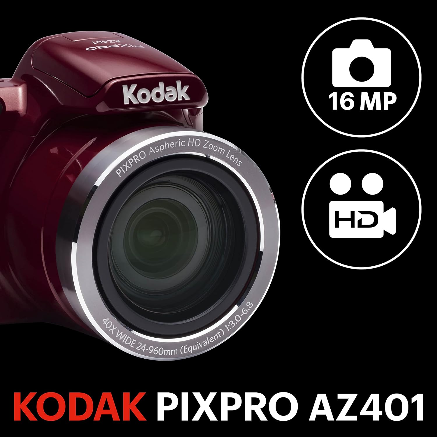 Kodak AZ401RD Point & Shoot Digital Camera with 3in LCD, Red (Renewed)