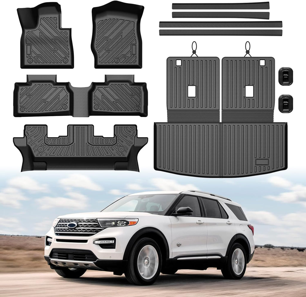 Mixsuper Floor Mat & Cargo Liner for Ford Explorer 2020-2026 Captain Chairs (Only Fit 7 Seats),All Weather TPE Floor mat with Backrest and Door Sill Guards Explorer Accessories,Anti-Slip Black