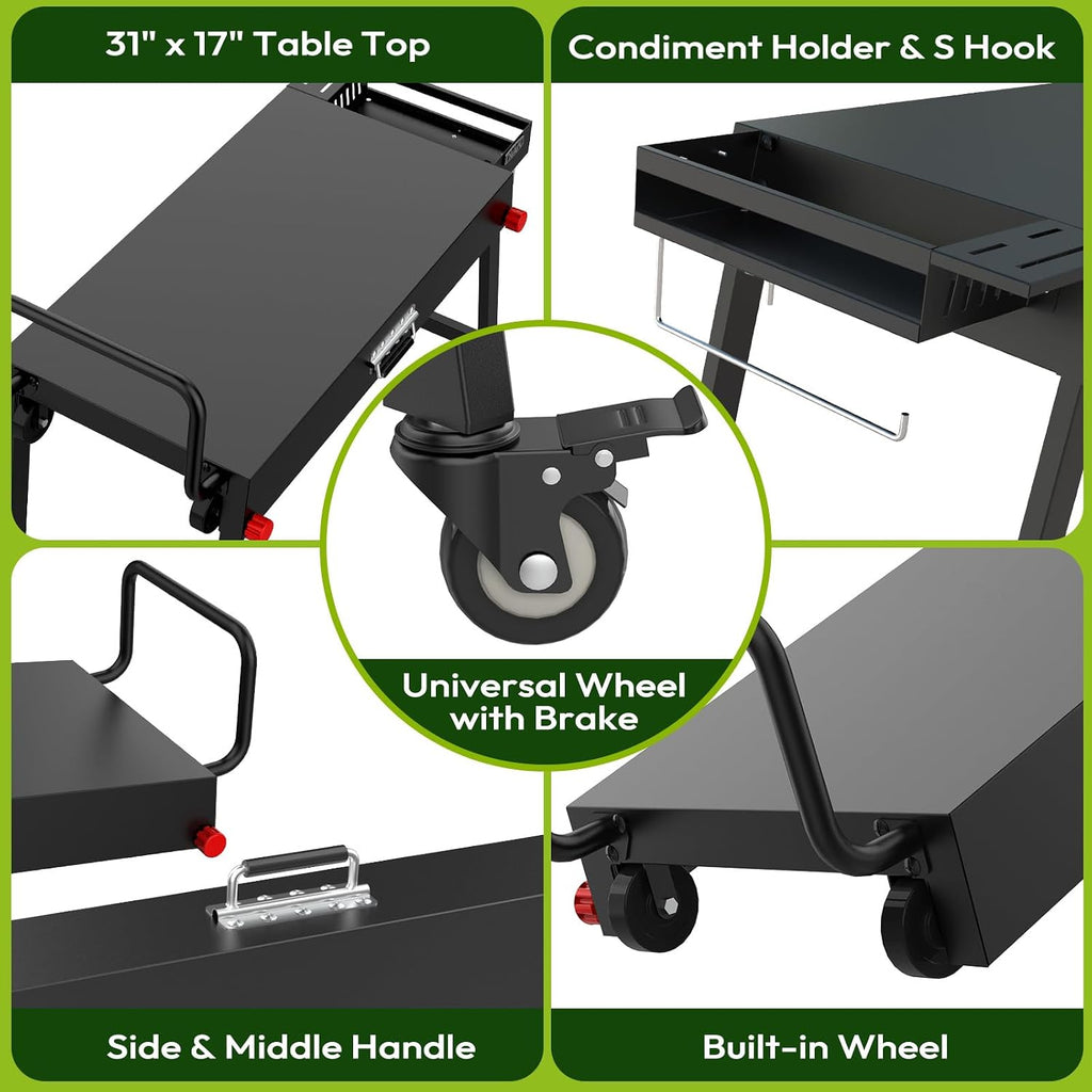 NUUK 31'x17' Heavy Duty Folding Grill Table Cart with Locking Wheels Side Shelves 300LBS Capacity for Griddles Pizza Ovens Outdoor Cooking Perfect for Outdoor Countertop and Grill Prep Table Use