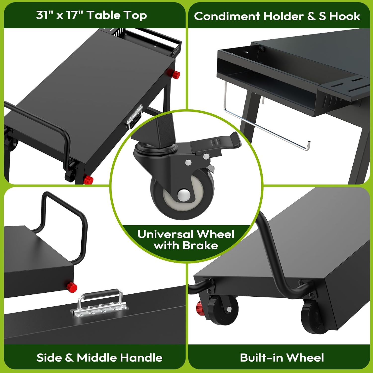 NUUK 31'x17' Heavy Duty Folding Grill Table Cart with Locking Wheels Side Shelves 300LBS Capacity for Griddles Pizza Ovens Outdoor Cooking Perfect for Outdoor Countertop and Grill Prep Table Use