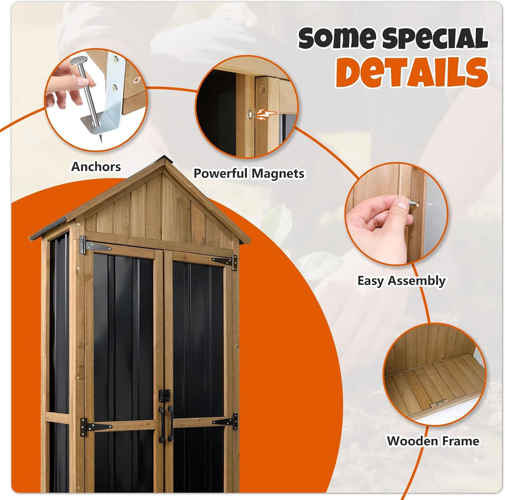 Outdoor Storage Cabinet with Shelves, Wood & Metal Storage Shed with Weatherproof Roof, 3 Removable Shelves, Double Lockable Doors, Adjustable Feet, Outside Storage Cabinet for Garage,Backyard, Patio