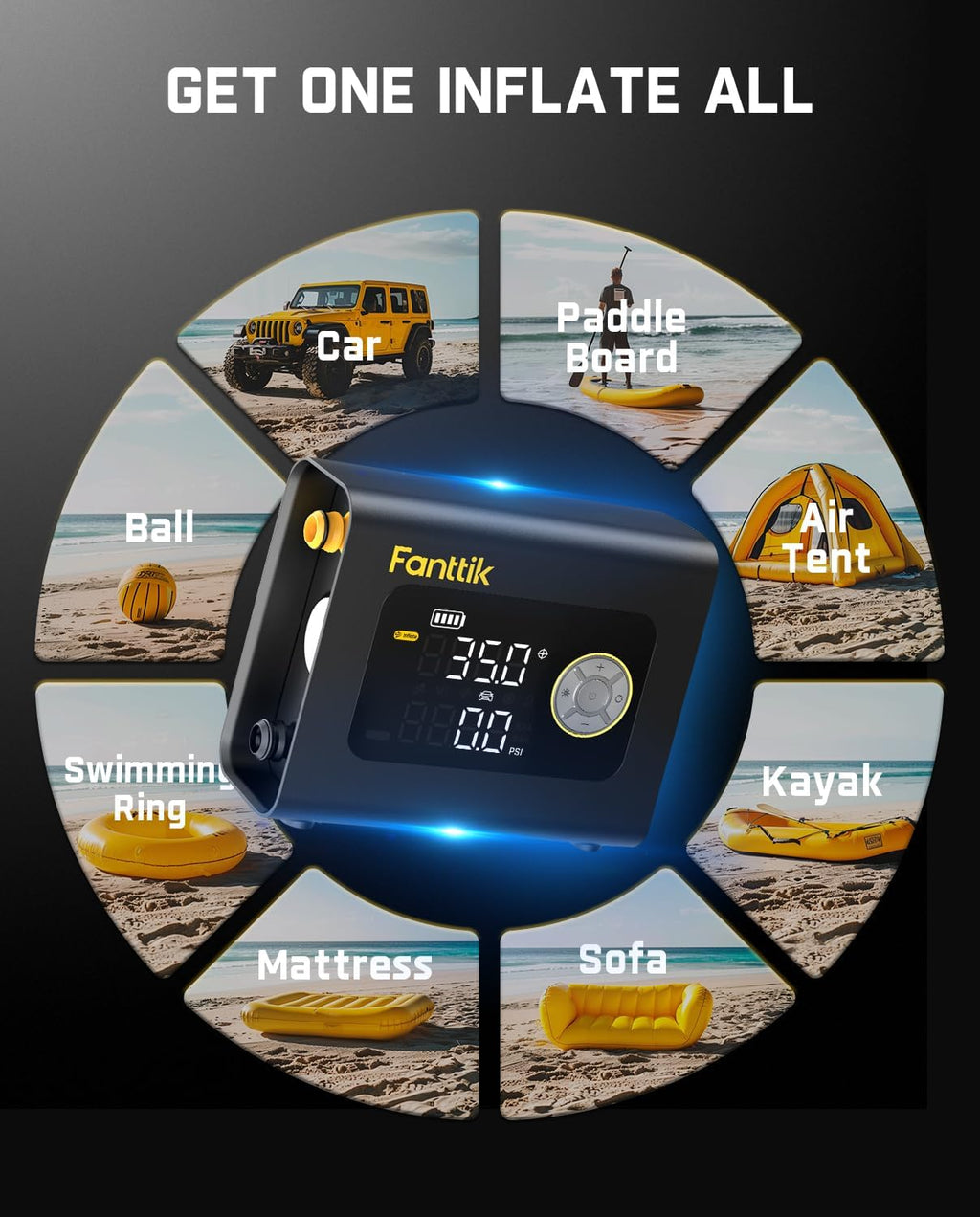 Fanttik X9 Cross 4X Portable Tire Inflator, Paddle Board Pump | Max 75PSI with Auto-Off, Deflation | Air Pump with Light and Power Bank | Fastlink for SUP, Car, Motorcycle, Board, Kayak, Tent etc.