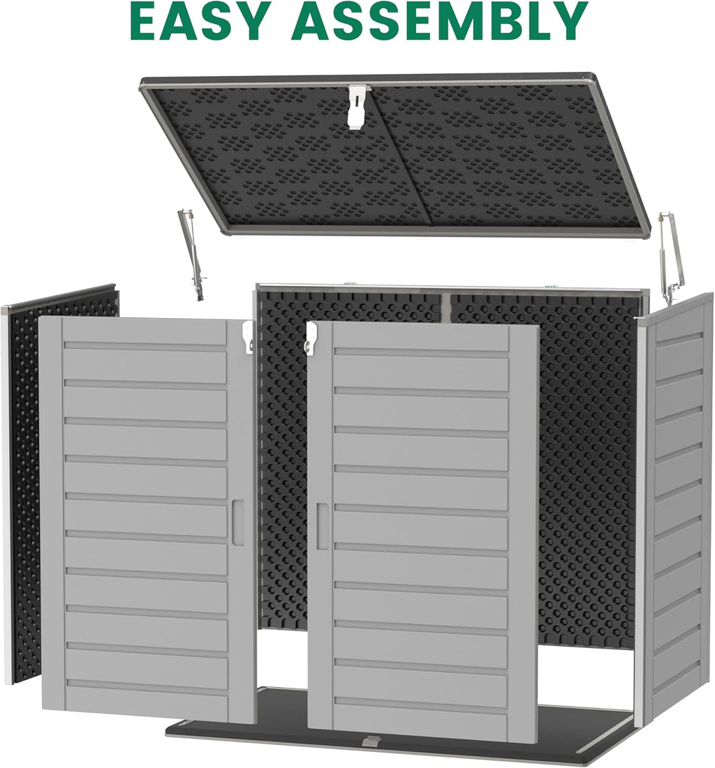Horizontal Outdoor Trash Can Storage Shed, 304 Gallon Resin Garbage Can Storage Shed with Lockable Doors & Lift Lid, Waterproof Bin Shed for Backyard, Patio & Garden (Gray)