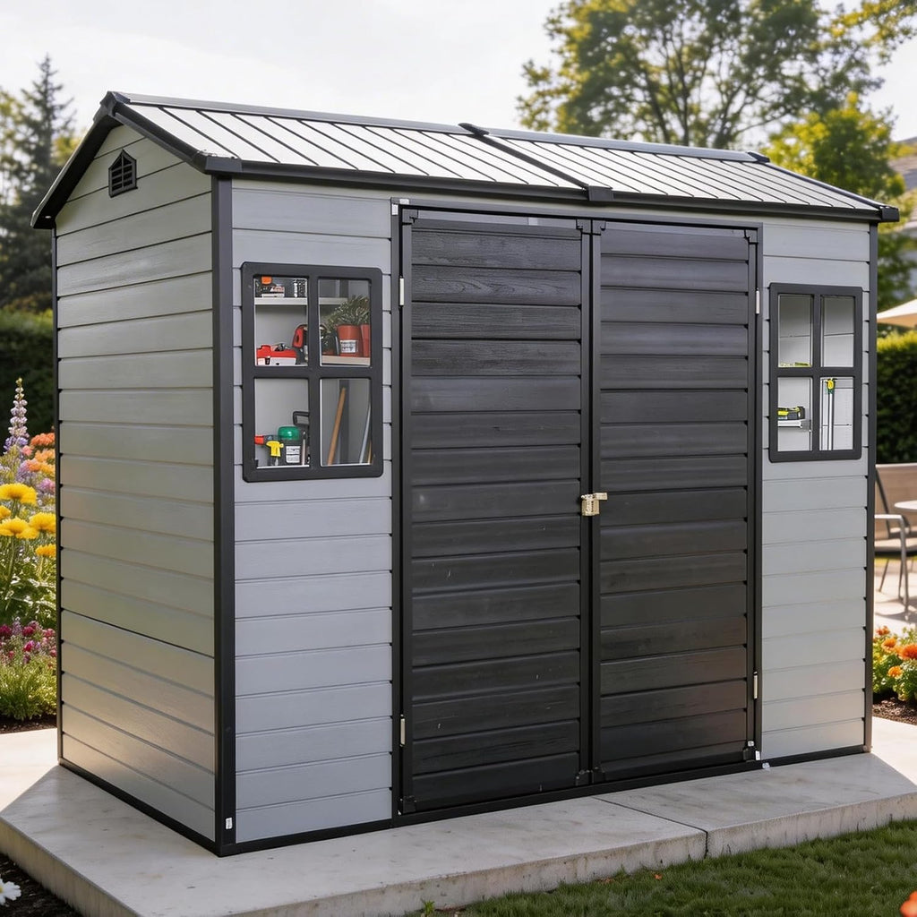 8x4ft Resin Outdoor Storage Shed with Floor and 2 Windows, Plastic Sheds & Outdoor Storage Clearance for Patio Furniture, GardenTools, Lawn Mower and Bike Accessories, Black+Grey