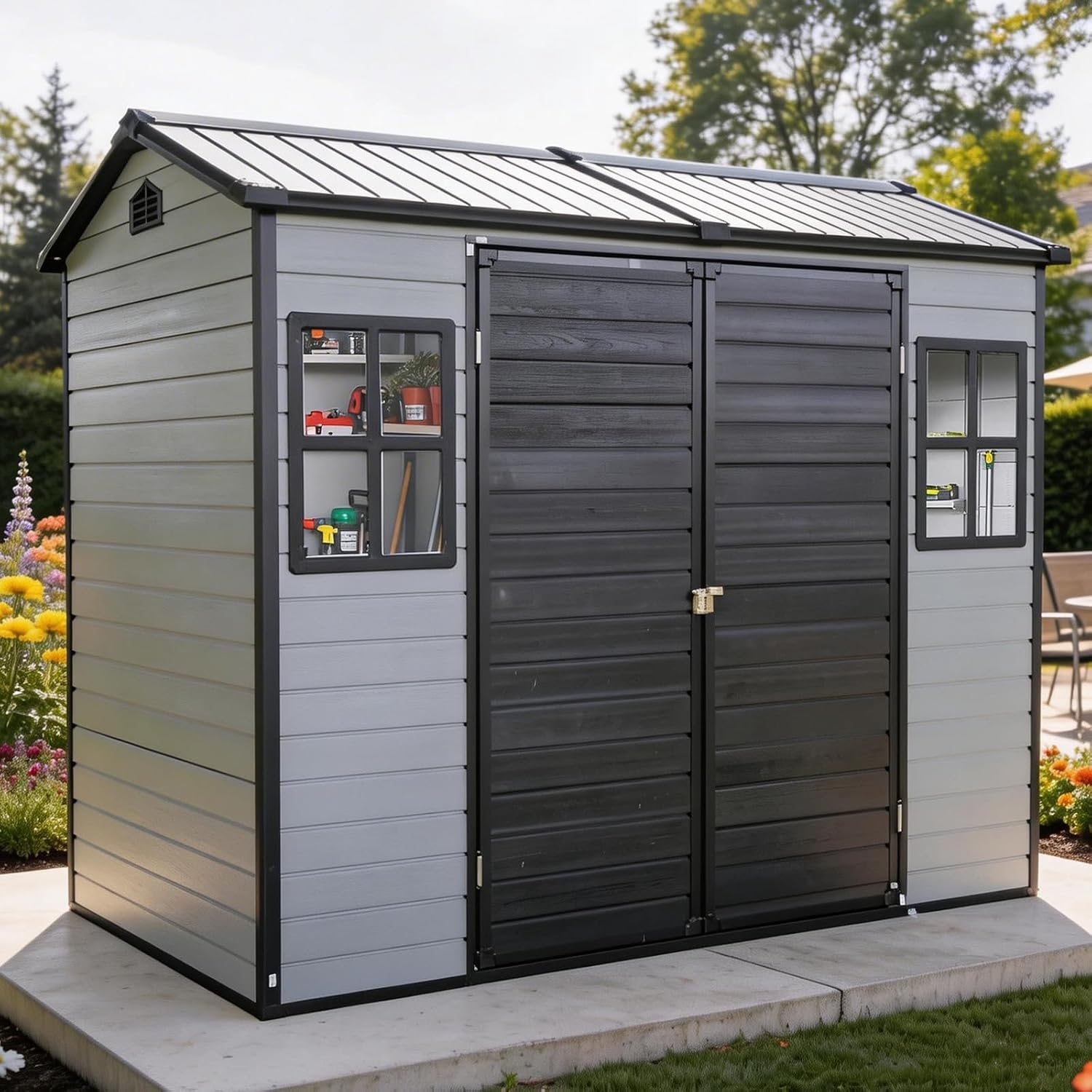 8x4ft Resin Outdoor Storage Shed with Floor and 2 Windows, Plastic Sheds & Outdoor Storage Clearance for Patio Furniture, GardenTools, Lawn Mower and Bike Accessories, Black+Grey