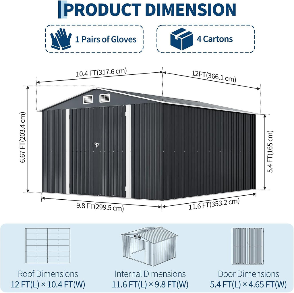 Garvee 10 x 12 ft Outdoor Storage Shed, Heavy-Duty Waterproof Tool Shed Storage with Lockable Door, Vents and Updated Frame Structure, Large Metal Tool Shed for Backyard, Patio Lawn, Grey